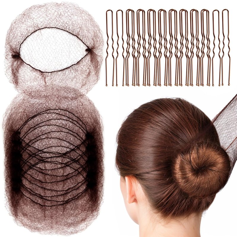 Hair Accessories Set - 20PCS Mesh Hair Nets & 40PCS U Shaped Hair Pins for Women | Brown, 20" & 2.4" Sizes