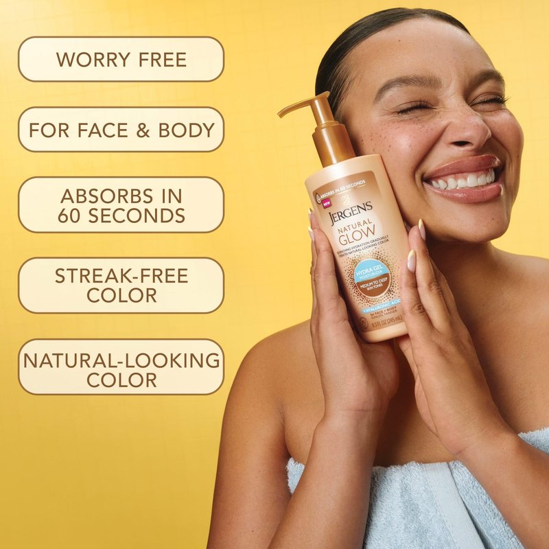 Jergens Natural Glow Hydra Gel Moisturizer, Gradual Tanning Lotion with Hyaluronic Acid, Hydrating Tanning Gel, Fragrance-Free Self Tanner, Medium to Deep Skin Tones 8.3 Fl Oz