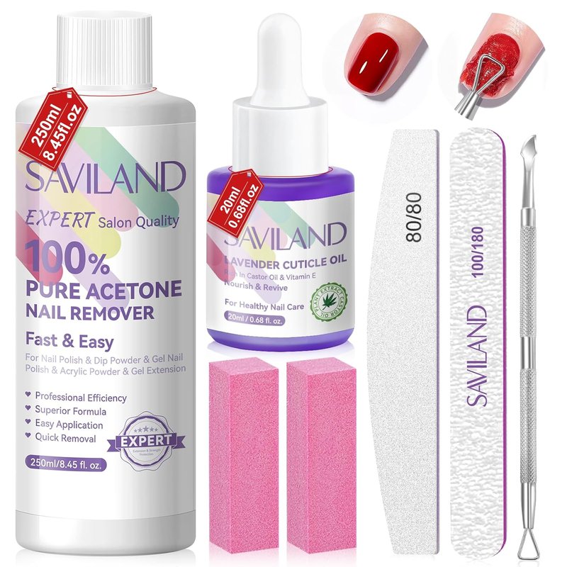 SAVILAND Pure Acetone Nail Polish Remover Kit: 8.45oz Gel & Acrylic Nail Remover with Cuticle Oil, Buffer, Files & Scraper for Quick, Gentle Removal of Gel Polish, Dip Powder & Acrylic Nails Home Use