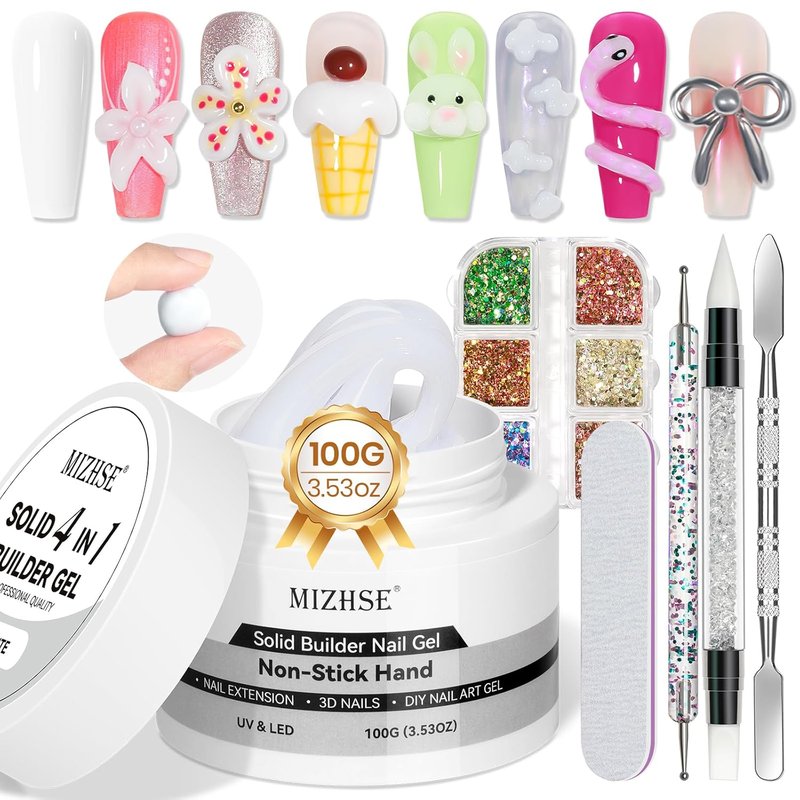 MIZHSE 100g Milky White Solid Builder Gel for Nails, Large Capacity Hard Builder Gels Kit for Nails Sculpting for 3D Art Gel U V LED with 36pcs Dual Form, for Nail Salon Home DIY