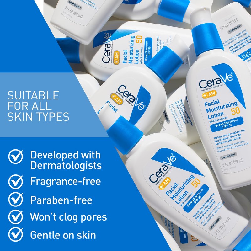 CeraVe AM Facial Moisturizing Lotion SPF 50, Face Moisturizer with SPF, Hyaluronic Acid, Niacinamide & Ceramides, Non-Greasy, Blends Seamlessly With No White Cast, Non Comedogenic Sunscreen, 3 Oz