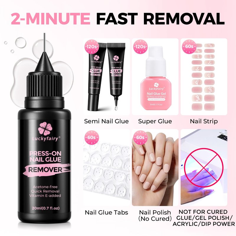 Luckyfairy Pinpoint Nail Glue Remover: 20ml Press on Nail Remover with Cuticle Pusher, Gentle Glueoff, Quick Nail Remover for Nails Tips, Non-Acetone Nail Polish Remover, Not for Gel Polish