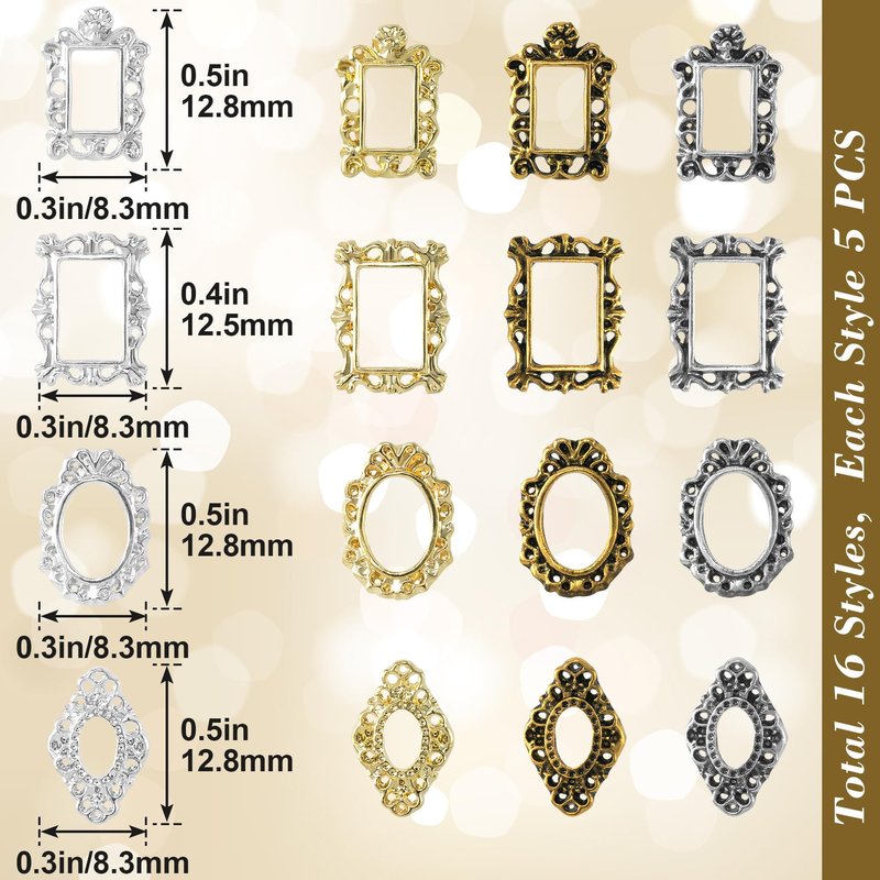 Mxxipp 80pcs Frame Charms for Women, Gothic Photo Frame Art Charms, 3D Metal Nail Accessories for DIY Manicure Sunglasses Scrapbook Bookmarks - Gold, Silver, Retro Gold & Retro Silver