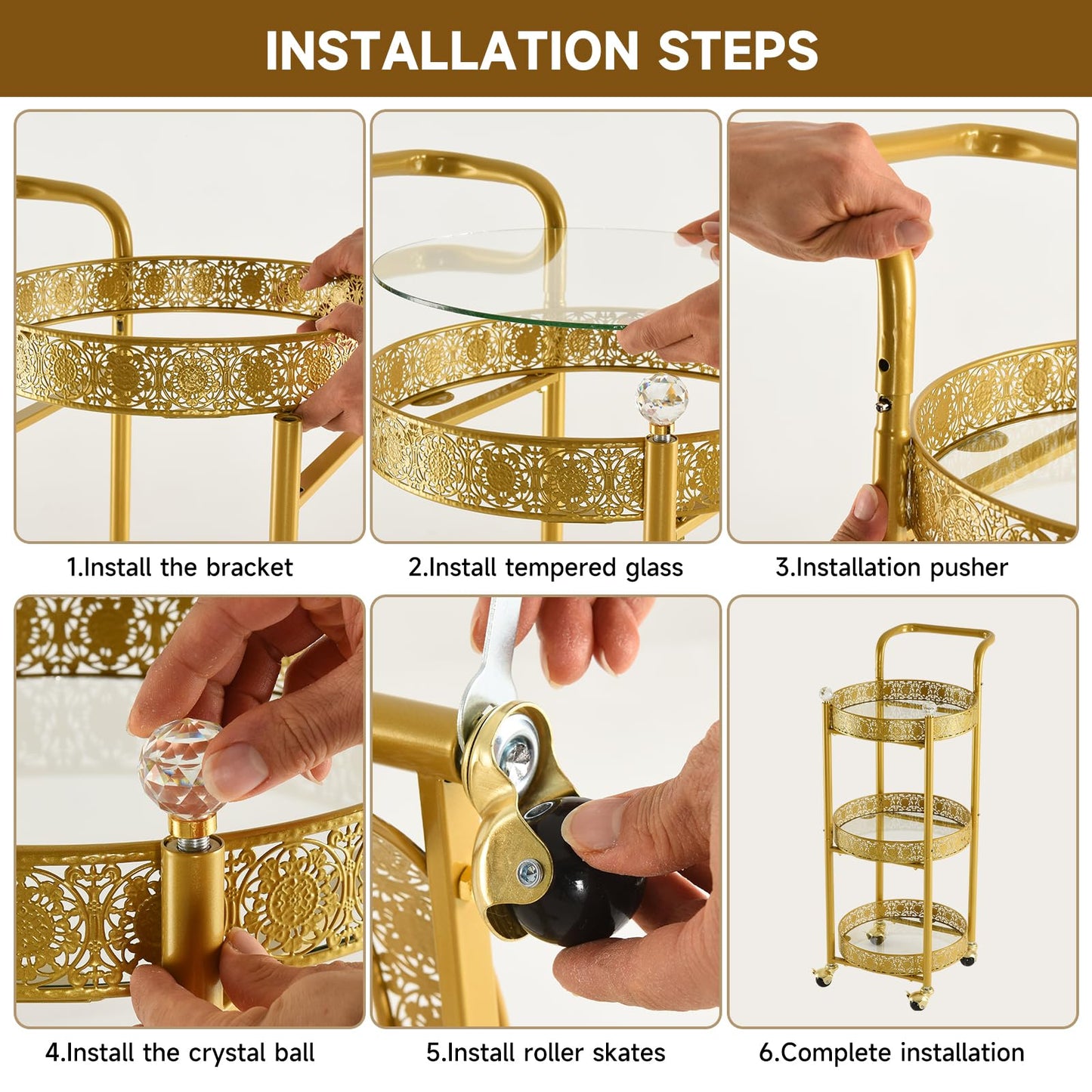taotanra Multi-Functional Mobile Trolley Golden bar cart is Suitable for Home bar Service, Featuring a Rolling bar cart with Lockable casters, a Glass bar cart with 3 Mirror Holders