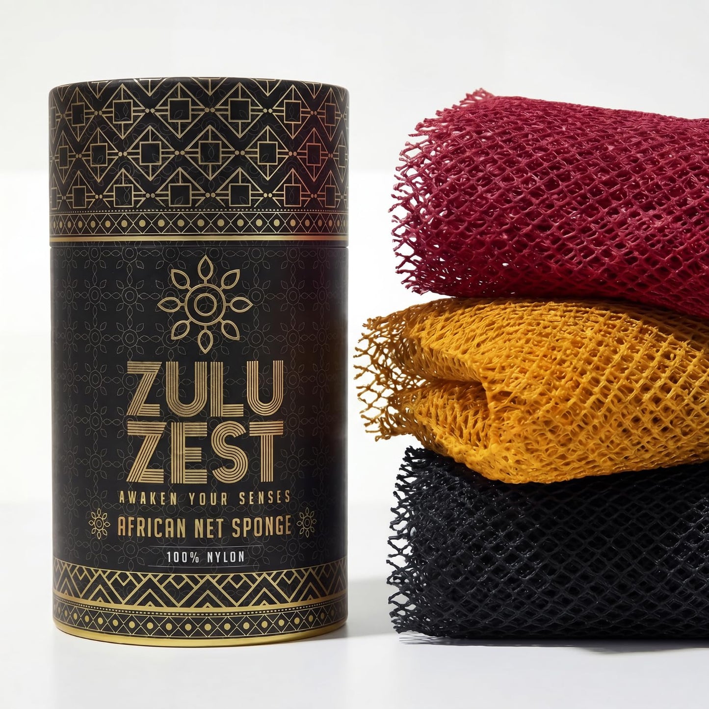 Zulu Zest Authentic African Net Sponge – 3-Pack Exfoliating Mesh for Face & Body, Deep Clean, Quick Dry, Long-Lasting Bath Scrubber for All Skin Types, Travel-Friendly & Durable (Black, Yellow, Red)