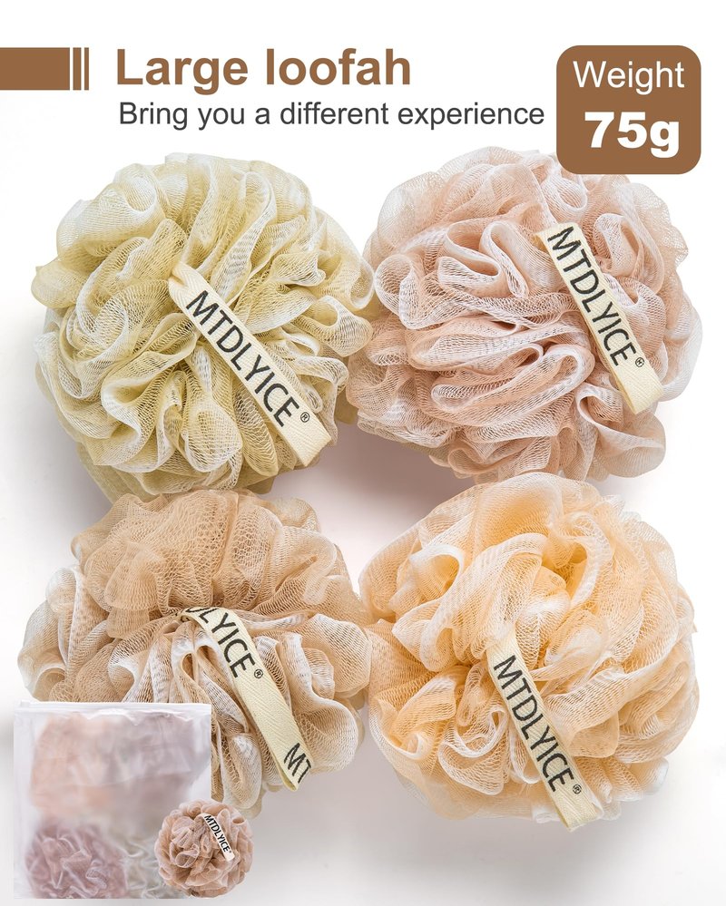 MTDLYICE Loofah Sponge, XL Large Loofah 75g 4 Pack, Bath Sponge Soft Mesh Shower, Body Scrubber, Loofah for Men, Bath Accessories Body wash Foaming (Beige)