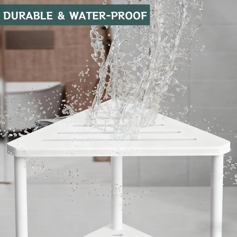 Bamboo Corner Shower Stool - Waterproof Shower Stool for Inside Shower, Shaving Legs & Small Spaces, 2-Tier Shower Foot Rest with Storage Shelf, Bath Seat & Corner Bench for Woman, Mom, Spa - White