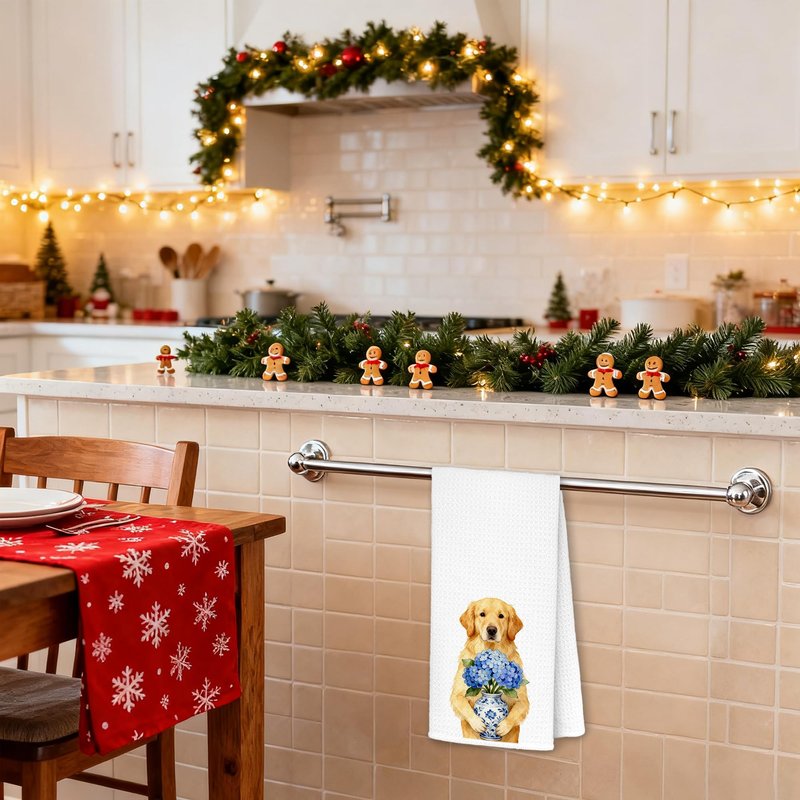 awdschkj Blue Chinoiserie Hydrangea Golden Retriever Kitchen Towels, Golden Retriever Lovers Gifts Dish Tea Towels, Grandmillennial Floral Dog Decorative Hand Towel for Bathroom, 16x24 Inches