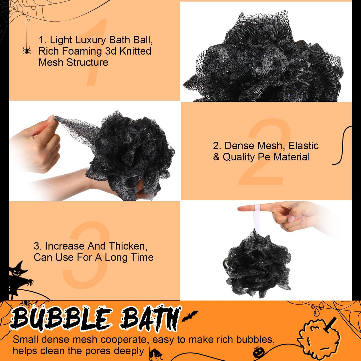 FuWeave 24 Pcs Bath Loofah Sponge Loofah Exfoliating Body Scrubber Shower Sponge 50g Mesh Pouf Balls Gift Basket for Baby Shower Women Men Bathing Accessories Wedding Gift Bucket(Orange,Black)