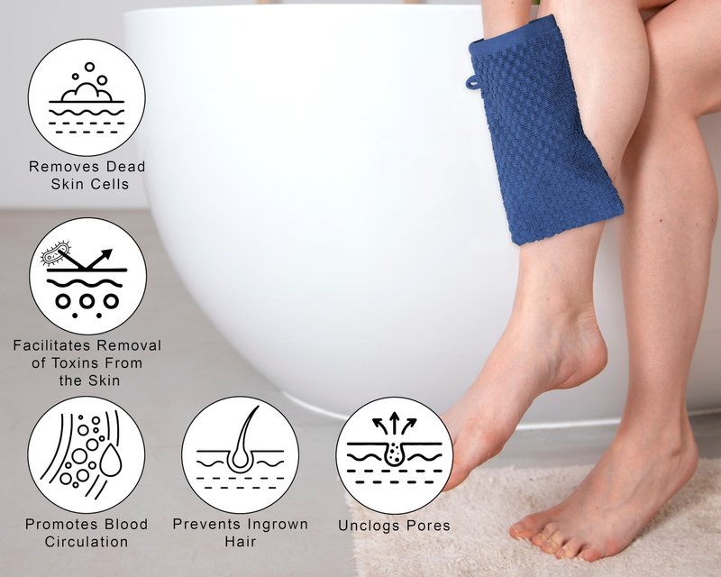 COTTON CRAFT Bath Mitt - Exfoliating Glove - Set of 6 Euro Spa Waffle Weave Towel Mitts - 100% Cotton Body Shower Glove Washcloth with Hanging Loop - Sensitive Skin Friendly - Large 5.5x10 - Blue