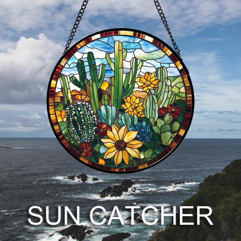 QZQCBLC Stained Glass Window Hanging Green Cactus with Yellow Flowers Large 15" - Suncatcher Door Garden Sun Catcher Home Decor Birthday Christmas for Mom Men Woman Friend Nana