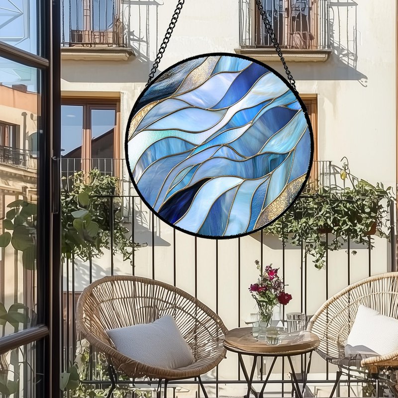 GEFOS Stained Glass Window Hanging Blue Gradient Abstract Large 15" - Suncatcher Door Garden Sunroom Sun Catcher Home Decor Housewarming Birthday for Mom Grandma Men Woman