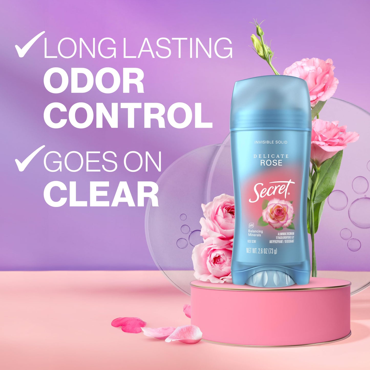 Secret Fresh Antiperspirant Deodorant for Women, 72hr Breathable Sweat & Odor Protection, Instant Freshness & Gentle, PH Balancing Minerals, Invisible Solid, Delicate Rose Scent, 2.6 oz (Pack of 3)