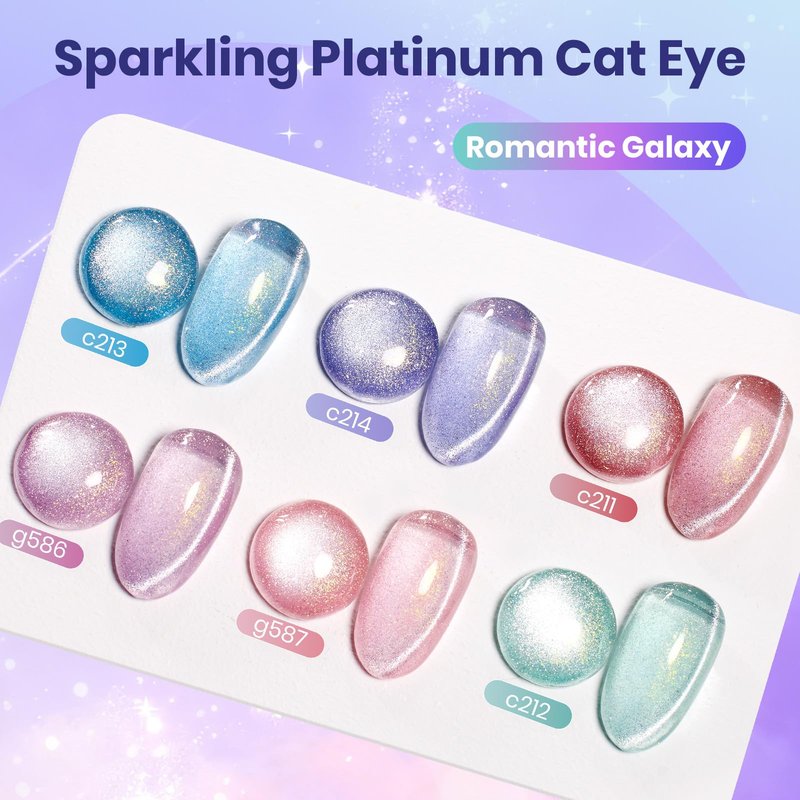Beetles Romantic Galaxy Cat Eye Gel Nail Polish Set - 6 Colors Glitter Gel Polish Kit Pink Blue Purple Red Green Velvet Gel Magnet Soak Off UV French Nail Art Manicure Spring Summer Gift for Women