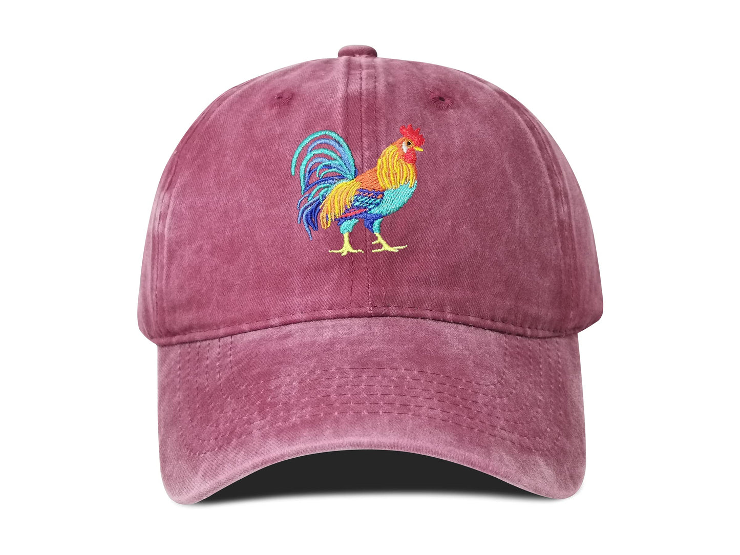 Hepandy Embroidered Rooster Hat, Washed Burgundy Trucker Hat, Adjustable Baseball Cap Cotton Embroidery Dad Hat, Gifts for Men and Women