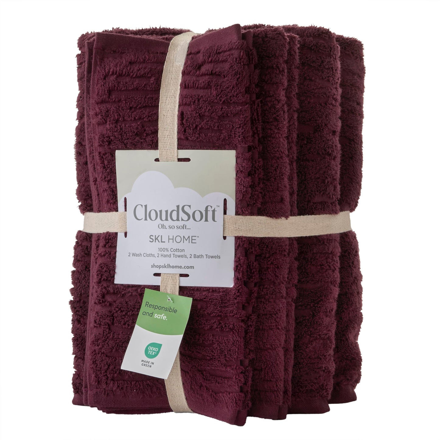 SKL Home CloudSoft 100% Cotton Luxury 6-Piece Towel Set, 600 GSM, Ultra Plush & Absorbent - 2 Bath Towels, 2 Hand Towels, 2 Washcloths, Bordeaux