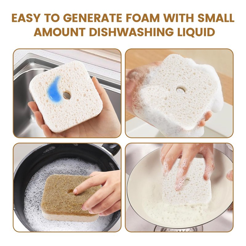 Silkyhose 6pcs Scrub Sponges with Suction Cup Hook, Natural Kitchen Sponge, Biodegradable Compostable Cellulose and Coconut Non-Scratch Sponges, Cleaning Sponges for Dishes