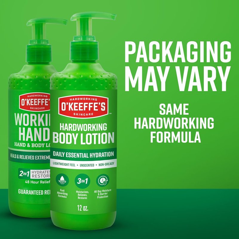 O’Keeffe’s Hardworking Body Lotion - Daily Hydration for Dry Skin | 12 oz Pump, Non-Greasy & Lightweight Formula