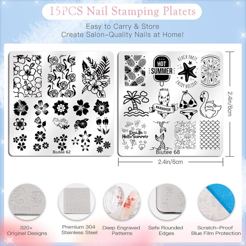 Biutee Nail Stamping Kit - 15 Floral & Animal Plates with Clear Stamper & Scrapers | DIY Nail Art for Beginners