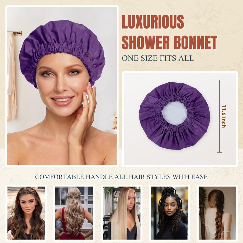 Reusable Shower Cap for Women, Large Waterproof Shower Bonnet with Elastic Band, Washable Bath Hair Cap for Long, Curly Hair, Braids, Daily Shower, Home Spa, Travel(Dark Purple)