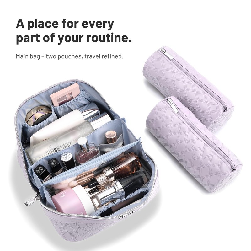 BOYATU Travel Makeup Bag for Women: Large Capacity 3-Piece Quilted Cosmetic & Toiletry Organizer - 2 Detachable Pouches Expand Storage by 50%, Open Flat for Easy Packing, Waterproof PU Leather(Purple)