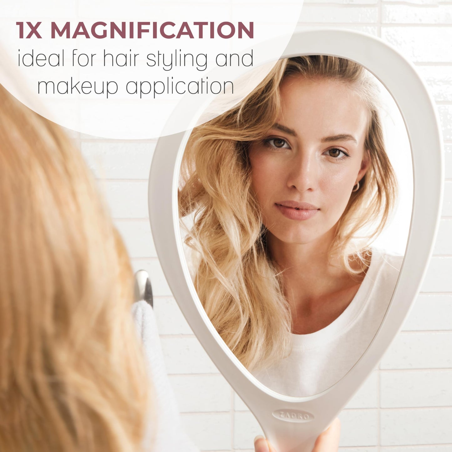 Zadro Salon Professional Extra Large Hand Mirror with Handle, 10" W x 19" L, Multi-Purpose Oval Handheld Mirror with New Distortion-Free Reflection (1, Off-White, Large (Pack of 1))
