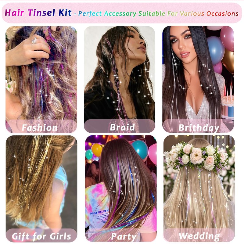 Hair Tinsel Kit - 24 Colors, 9800 Strands, 48 Inch Glitter Hair Extensions | Festive Party Accessories for Women & Girls