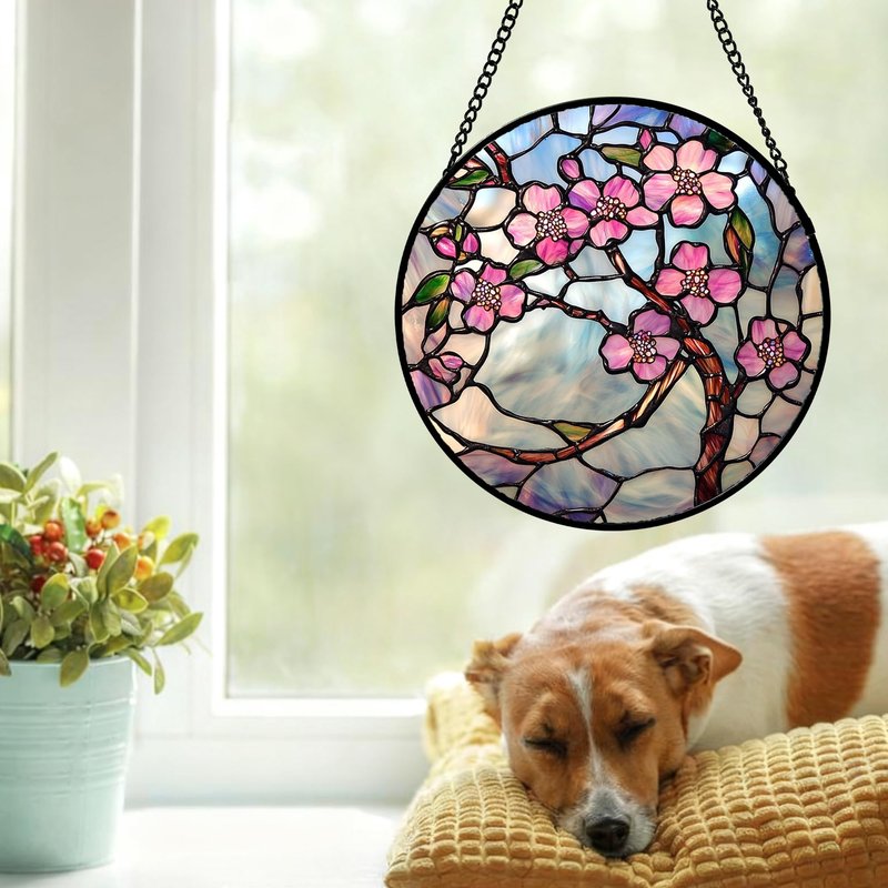 QZQCBLC Stained Glass Window Hanging Pink Flowers 7.8" - Green Leaves Suncatcher Door Garden Sun Catcher Home Decor Birthday Christmas for Mom Men Woman Friends Nana Wife