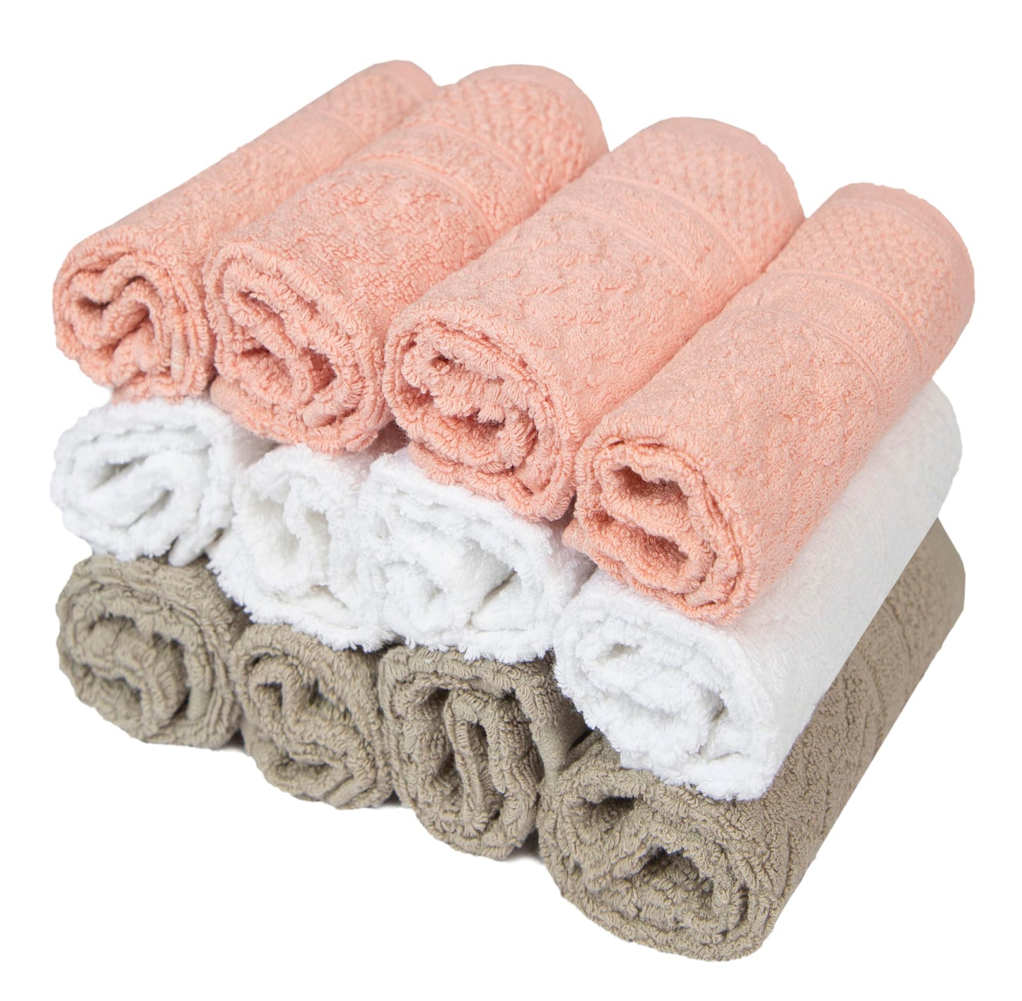 PH Pleasant Home Diamond Wash Cloths Set - 12 Pack (12” x 12”) – 509 GSM - 100% Ring Spun Cotton Wash Cloth - Super Soft and Highly Absorbent Face Towels (Blush, White & Tan)