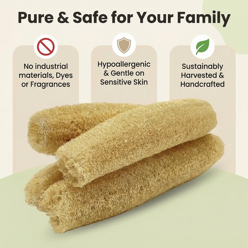 Natural Organic Loofah Sponge 4 Pack, Exfoliating Body Scrubber for Shower Bath, 100% Biodegradable Gentle Luffa for Sensitive Skin, Multi‑Purpose Cleaning Tool