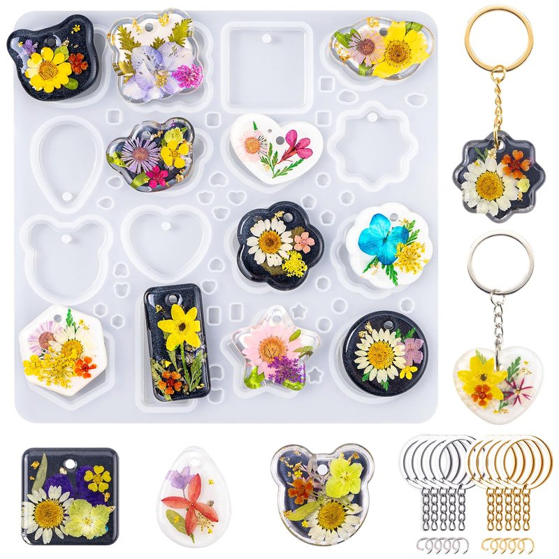 LET'S RESIN Keychain Resin Molds Silicone with Hole, 16 Cavities UV Resin Jewelry Pendant Mold for Beginner, Epoxy Resin Molds for Keychain Pendant Jewelry Making