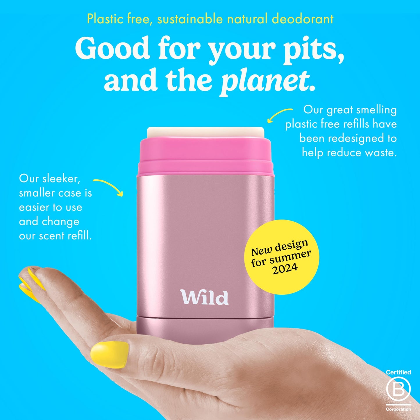 Wild Aluminum Free Deodorant for Women Starter Kit - Refillable Stick Deodorant with Pink Applicator Case & Fresh Cotton and Sea Salt Scented Refill (1.4oz) - Long Lasting Protection - Vegan Friendly
