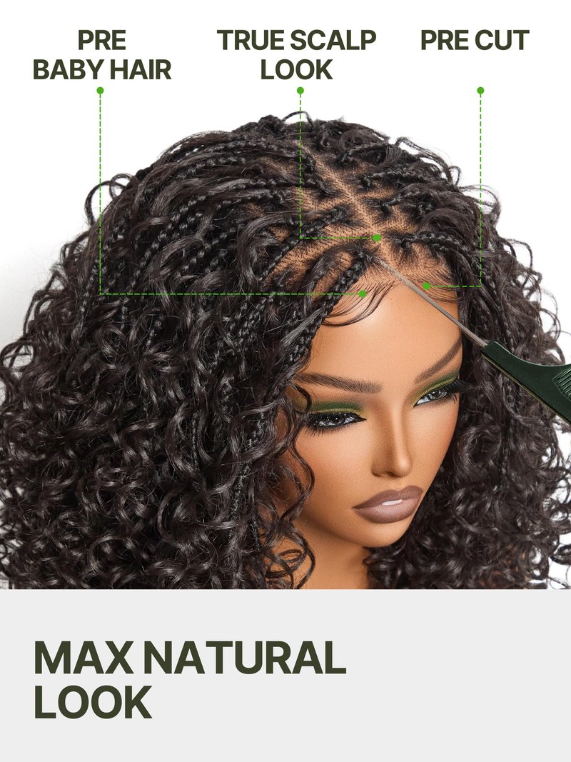 Frodio Veralux™ 13x6 HD Lace Frontal Wig Glueless 12" Cruly Boho Braids Water Wave Pre-Cut Lace Wig Premium Fiber Braided Beginner Friendly 12 Inches Natural Black