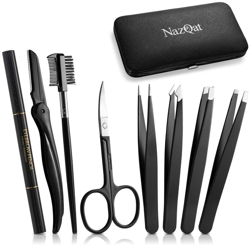 Exquisite 8-in-1 Eyebrow Kit for Women & Men – Luxury Eyebrow Grooming Kit with 4 Precision Tweezers For Eyebrows, Eyebrow Razor, Eyebrow Scissors, Eyebrow Brush/Comb & Pencil with Padded Case