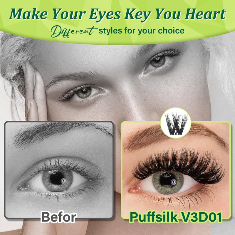 KEYYOU Lash Extension Kit 3D Effect Volume Lash Clusters Flaunt Style 144PCS D Curl Waterproof DIY Kit Flora Inspired Wispy Look LengthLock 8–18mm Ultra-Thin Black Band (PuffSilk V3D01 Kit)