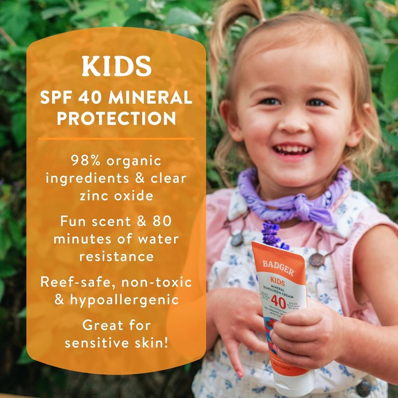 Badger Kids Mineral Sunscreen Cream - SPF 40, 98% Organic, Water Resistant & Reef Friendly | 2.9 fl oz
