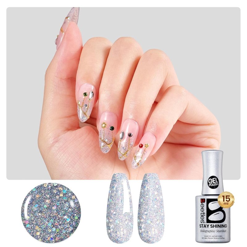 Beetles Glitter Gel Nail Polish - Holographic Stardust Diamond-Shine 15ml | Long-Lasting Silver Nail Art for Home Salon