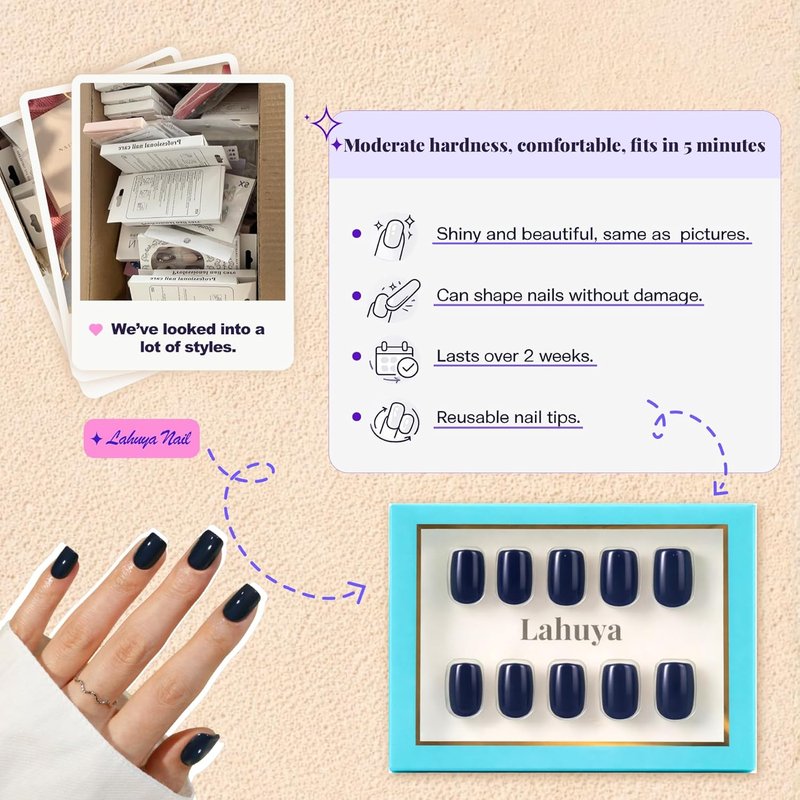 Press On Nails - Navy Blue | Short Squoval Design by Nail Artist, Glossy Finish, 30 Nails Kit