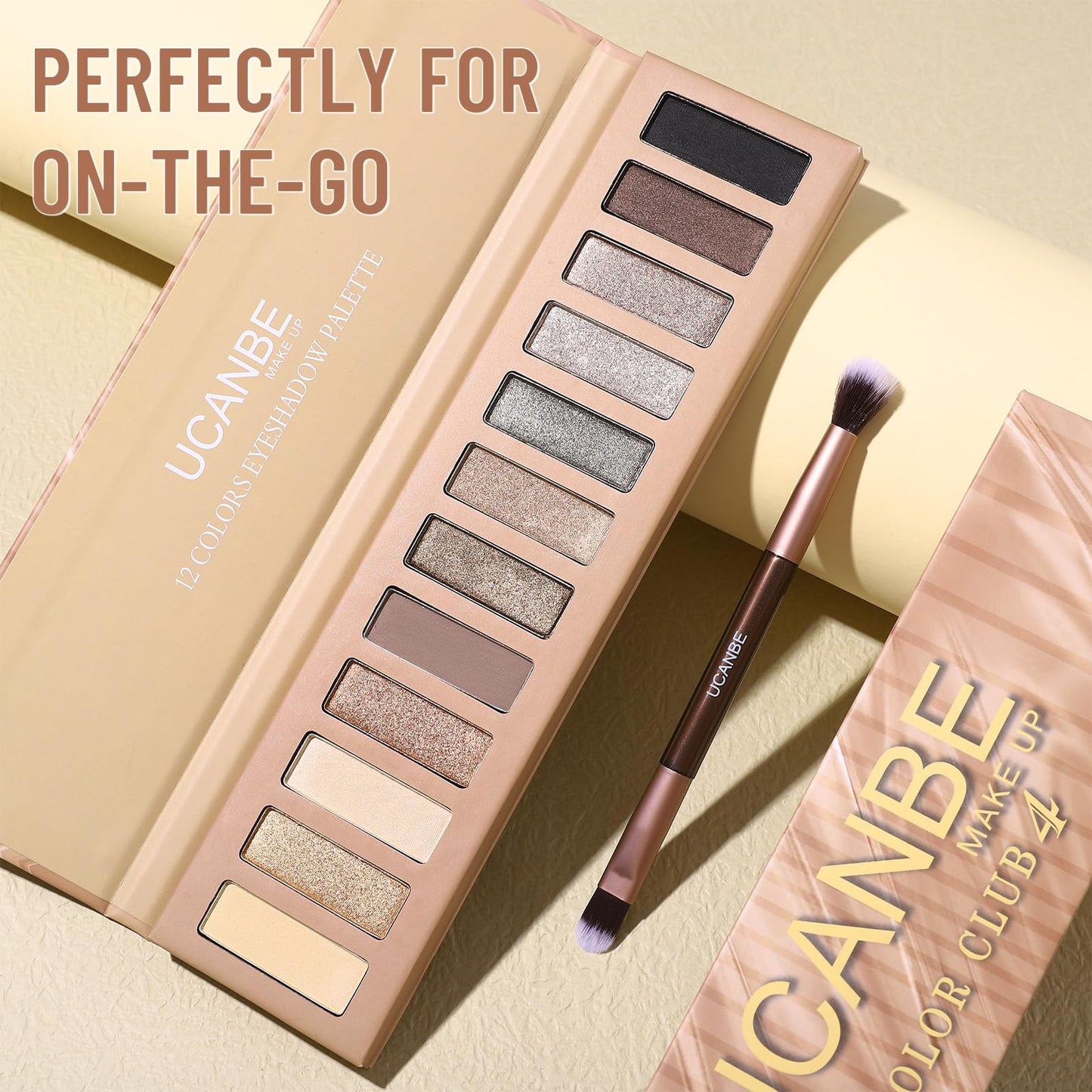 UCANBE 12 Color Eyeshadow Makeup Palette, Neutral Matte Shimmer Nude Eye Shadow Make Up Pallet with Double-ended Brush Set Kit, Highly Pigmented Long Lasting Waterproof