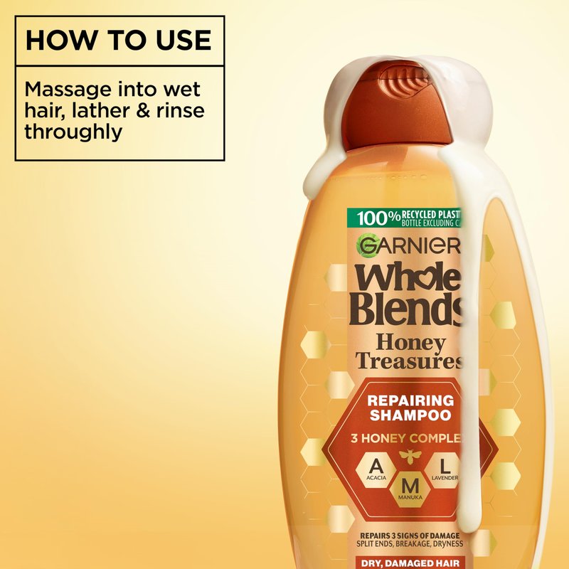 Garnier Whole Blends Honey Treasures Repairing Shampoo, Hair Repair Formula for Dry, Damaged Hair with Acacia, Manuka, and Lavender Honeys, 28 Fl Oz (Packaging May Vary)