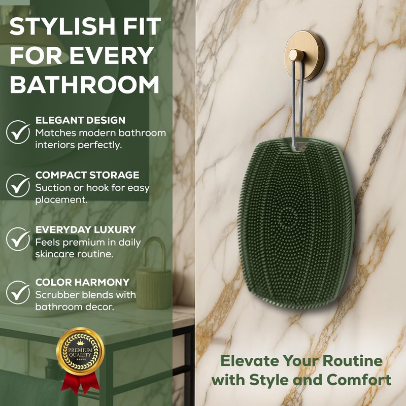 LauTus1 Silicone Body Scrubber — Suction Cup Mount & Hook, Gentle Exfoliating Shower Brush, Soft Loofah Alternative for Men, Women & All Skin Types — Sage Green