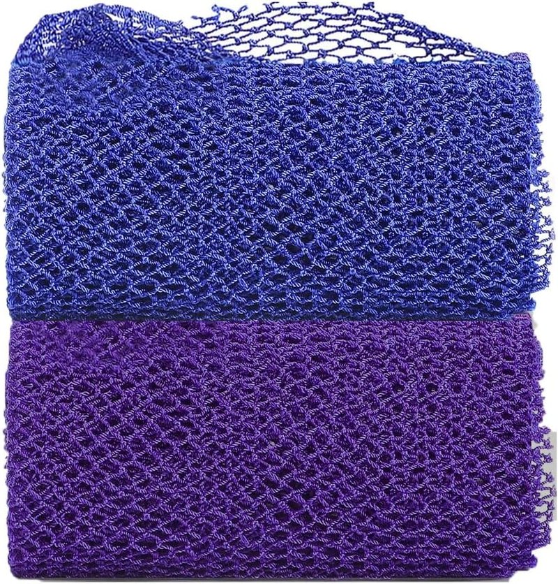 African Exfoliating Net Sponge Set - Long Bath Scrubber for Smooth Skin | 63" Stretches (Blue & Purple)
