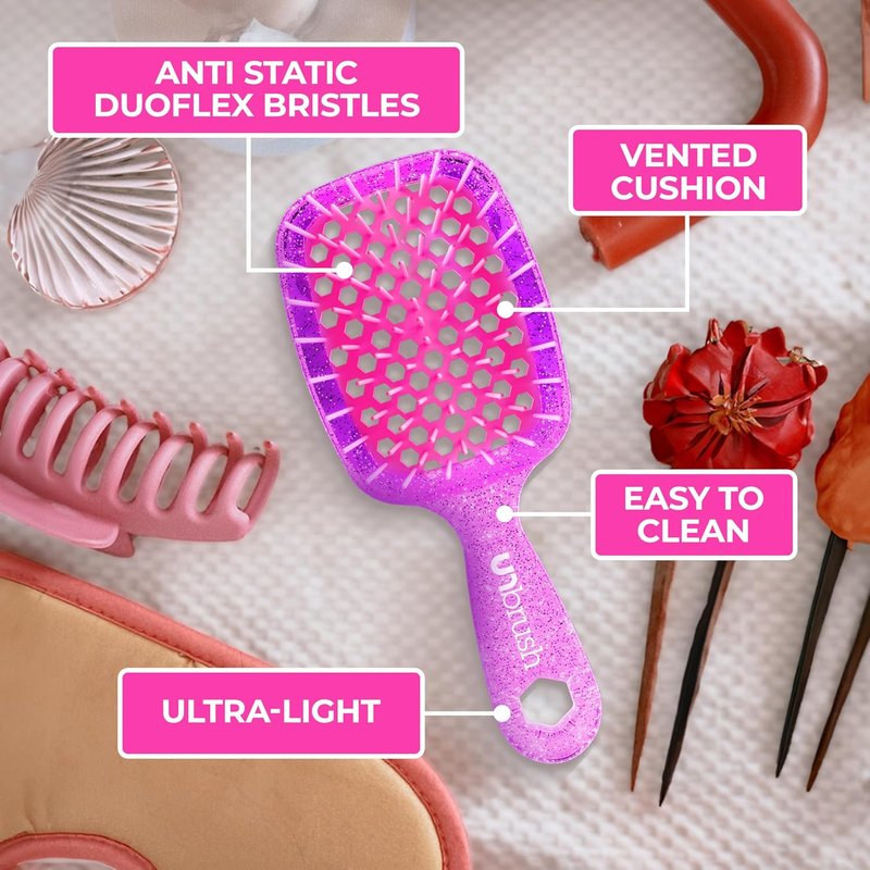 FHI Heat UNbrush Mini Detangler Brush for Pain-Free Brushing on All Wet or Dry Hair Types — Durable Duoflex Anti-Static Bristles, Lightweight Handle, Vented Mini Hair Brush