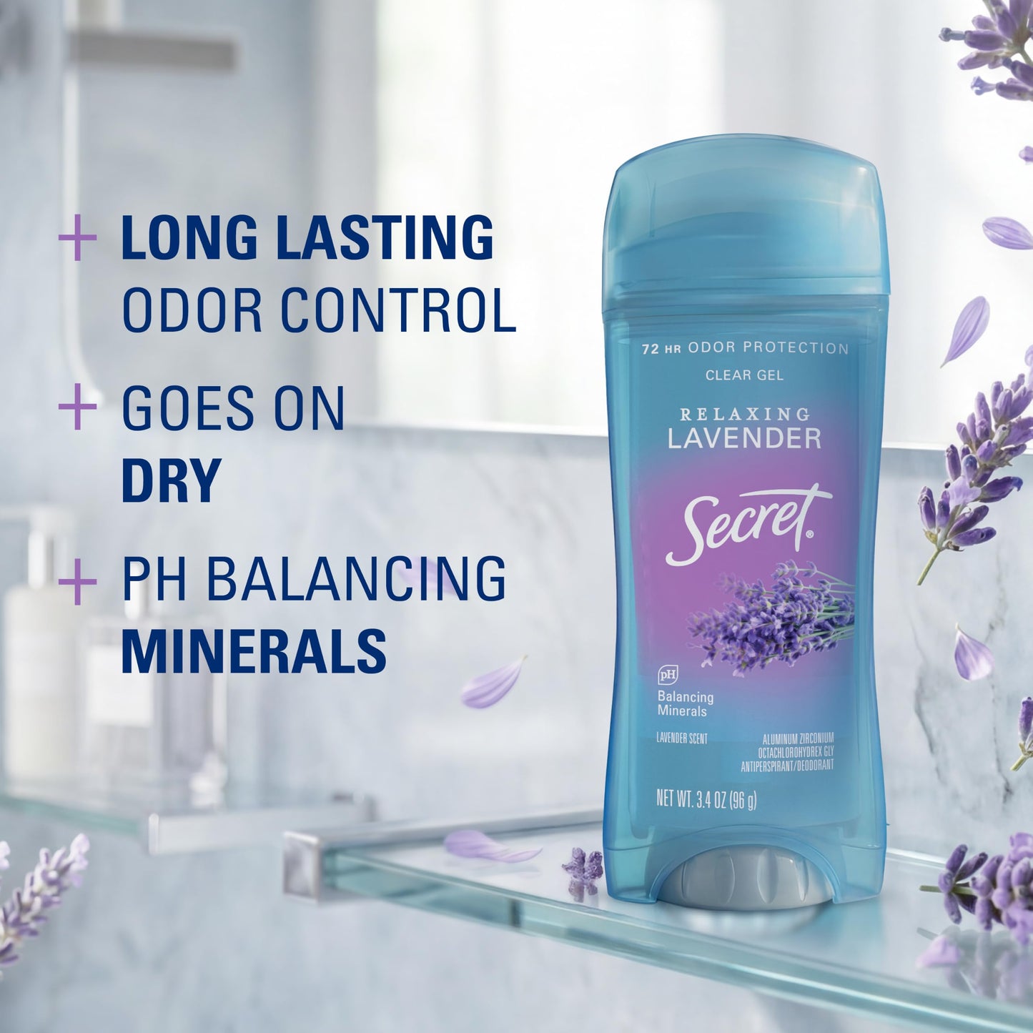 Secret Fresh Antiperspirant Deodorant for Women, 72hr Breathable Sweat & Odor Protection, Instant Freshness & Gentle, PH Balancing Minerals, Clear Gel, Relaxing Lavender Scent, 3.4 oz