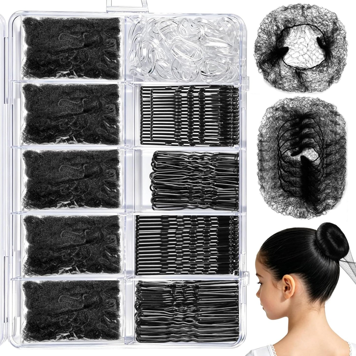 YGDZ Hair Bun Accessories for Kids, Ballet Dance Stuff with Black Invisible Hair Nets for Buns, Bobby Pins, Hair Pins, Elastic Hair Ties, Dance Competition Must Haves for Ballet Girls, Women, Black
