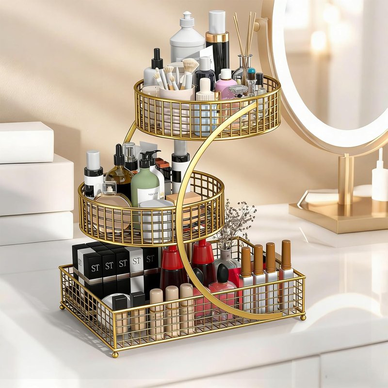 BCWW Makeup Organizer - 3-Tier Countertop Storage for Cosmetics & Skincare | Elegant Gold Finish