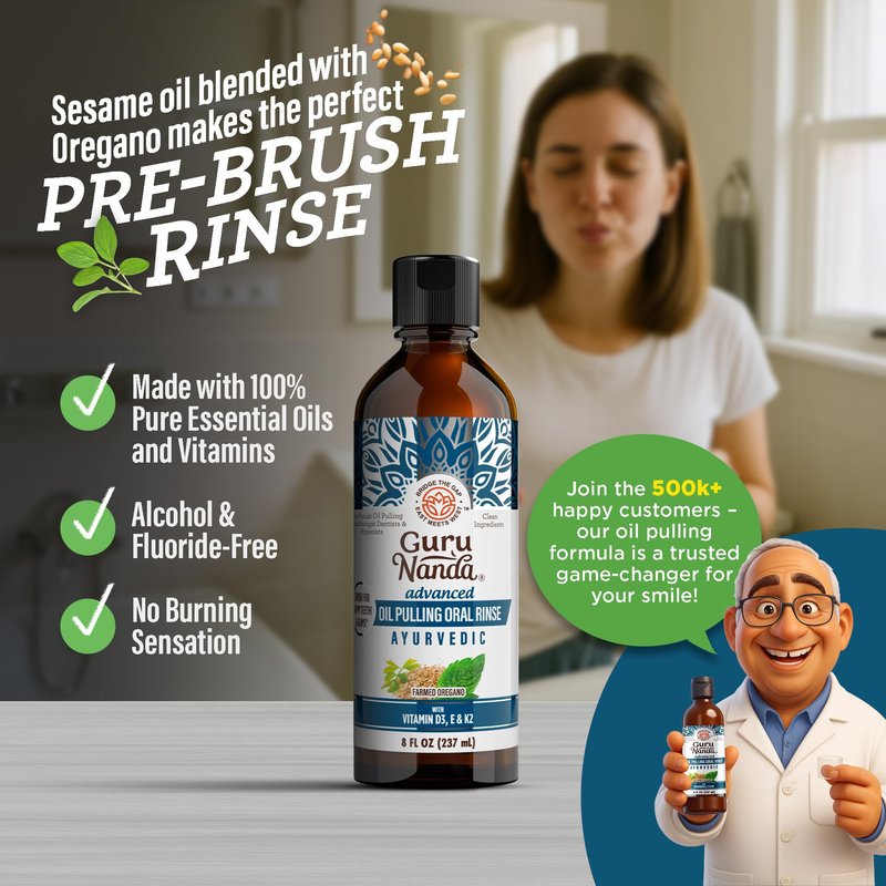 GuruNanda Advanced Oil Pulling Mouthwash for Enhanced Oral Care with Sesame & Oregano Oil, Promotes Deep Cleaning for Healthy Teeth & Gums, with Toothbrush and Tongue Scraper, Alcohol-Free, 8 Oz