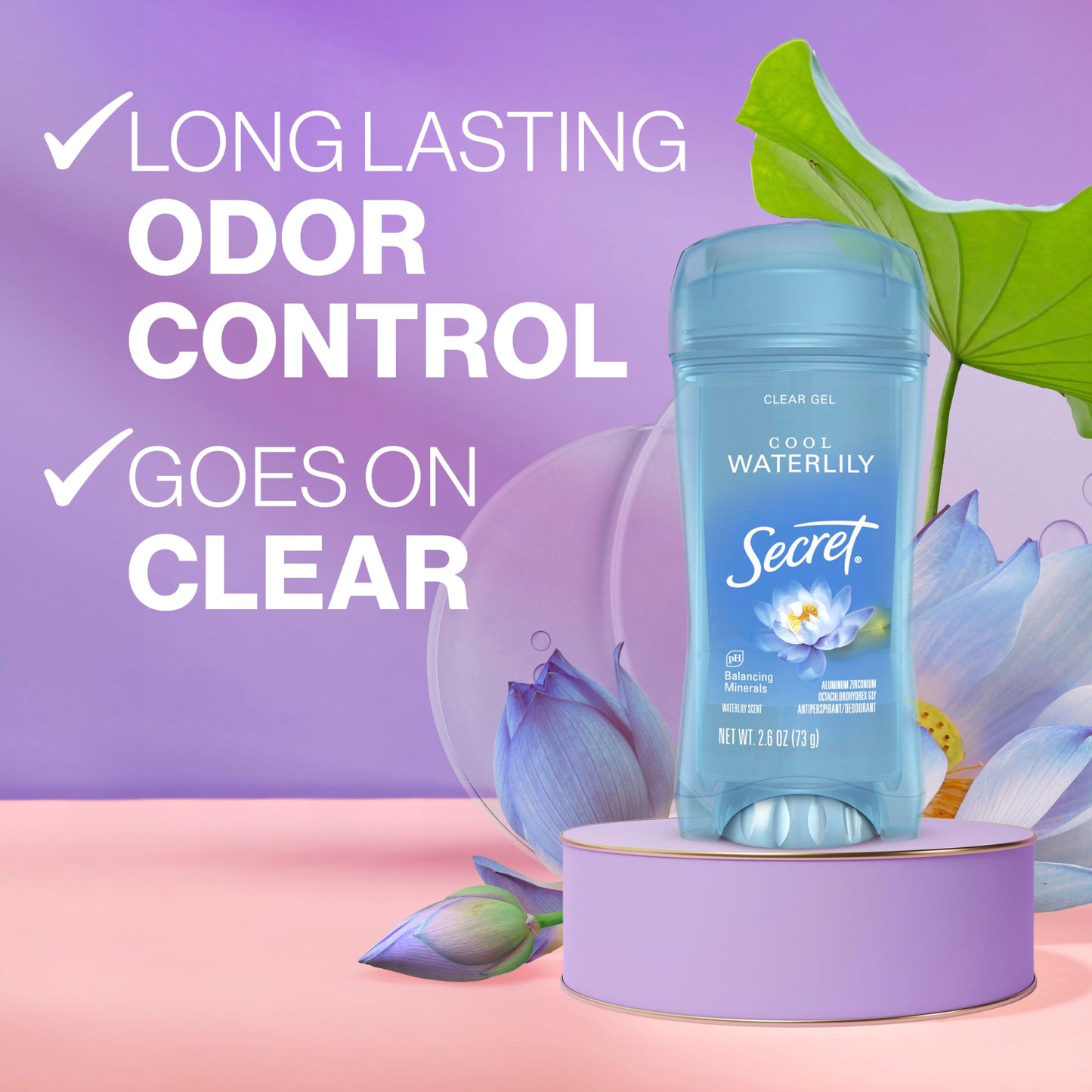Secret Fresh Antiperspirant Deodorant for Women, 72hr Breathable Sweat & Odor Protection, Instant Freshness & Gentle, PH Balancing Minerals, Clear Gel, Cool Waterlily Scent, 2.6 oz (Pack of 3)