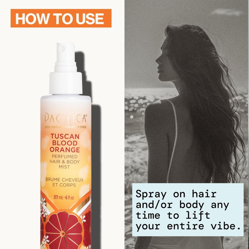 Pacifica Hair & Body Fragrance Mist - Tuscan Blood Orange - Sweet Citrus Scented Hair Perfume and Body Spray - Alcohol-Free, Long-Lasting Clean Fragrance, Vegan & Cruelty-Free, 6 Fl Oz