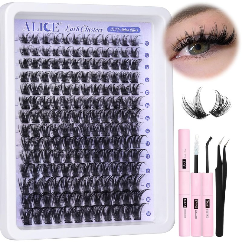 **ALICE Wispy Lash Clusters Kit - 168pcs Natural Eyelash Extensions 10-18mm with Glue for DIY Home Use**